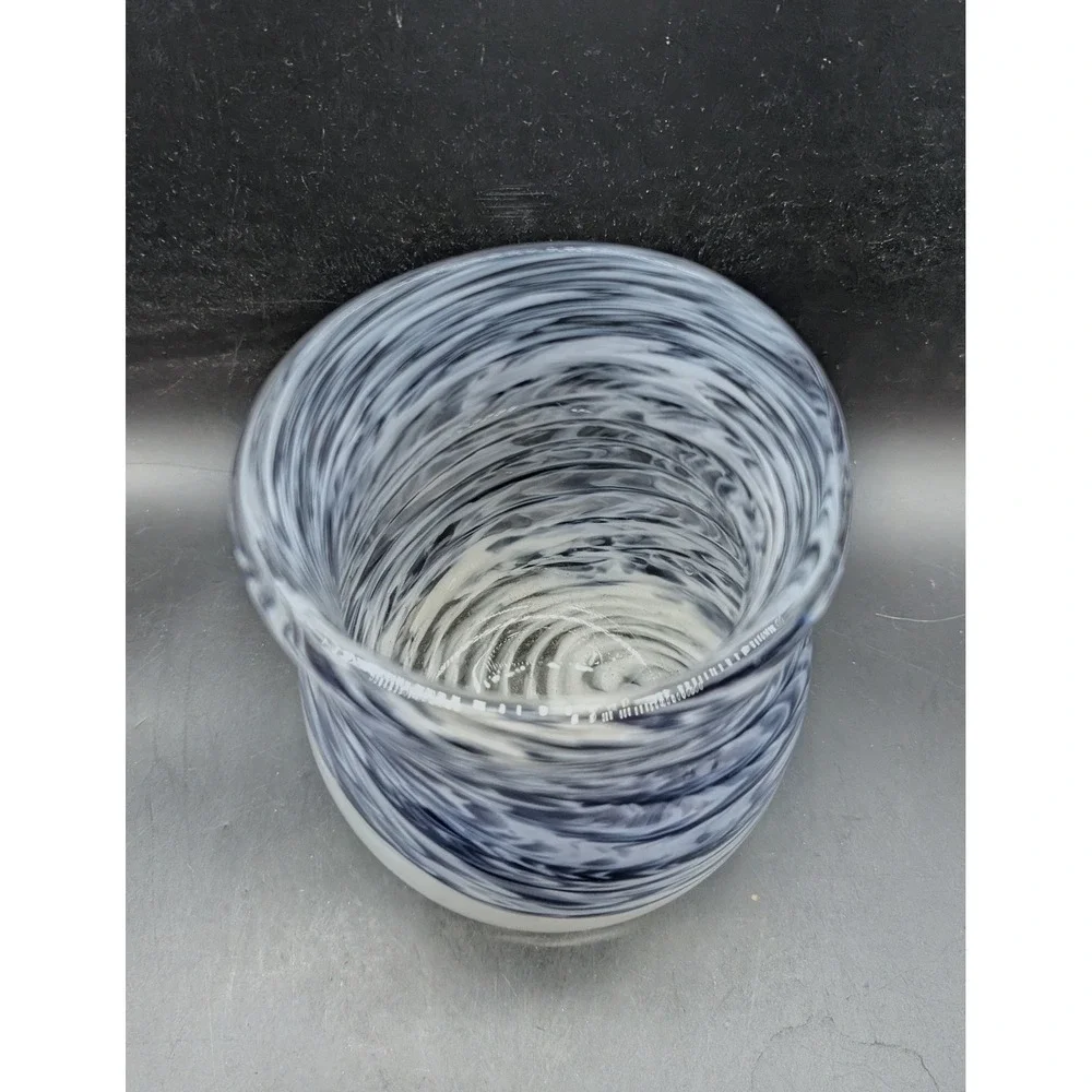 Hand Blown Art Glass Vase Navy Blue White Swirl Marbled Coastal Contemporary